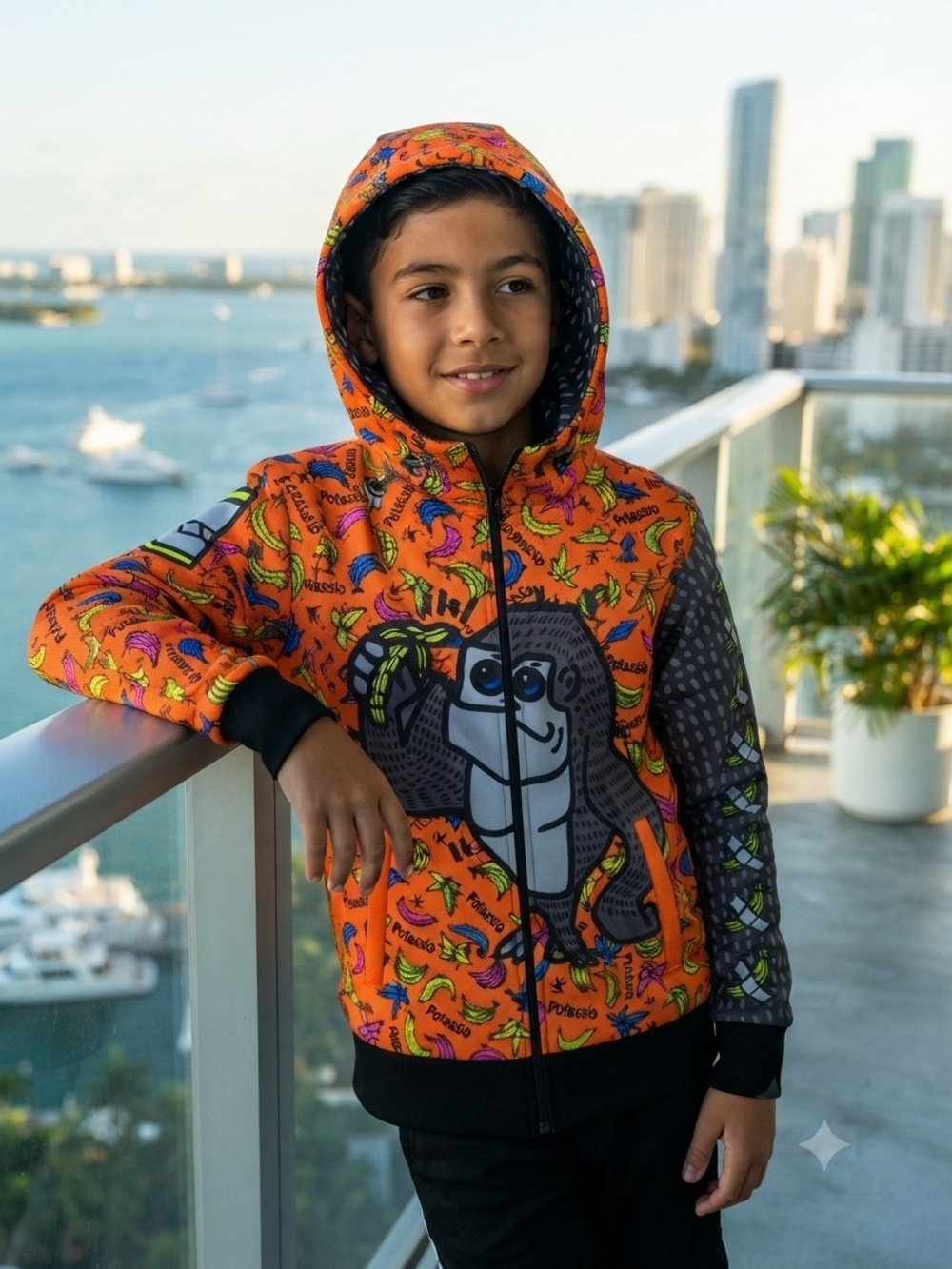 Slopline "Potassio" Fun Graphic Zip-Up Hoodie, Orange, Kids' Size 6-7